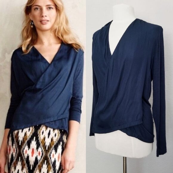 Anthropologie Dolan Left Coast Collection Navy Long Sleeve Tulip Faux Wrap Top S - Picture 1 of 13